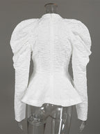 Textured Jacquard Puff Sleeve Blouse High Neck Peplum Waist Flared Hem Tops