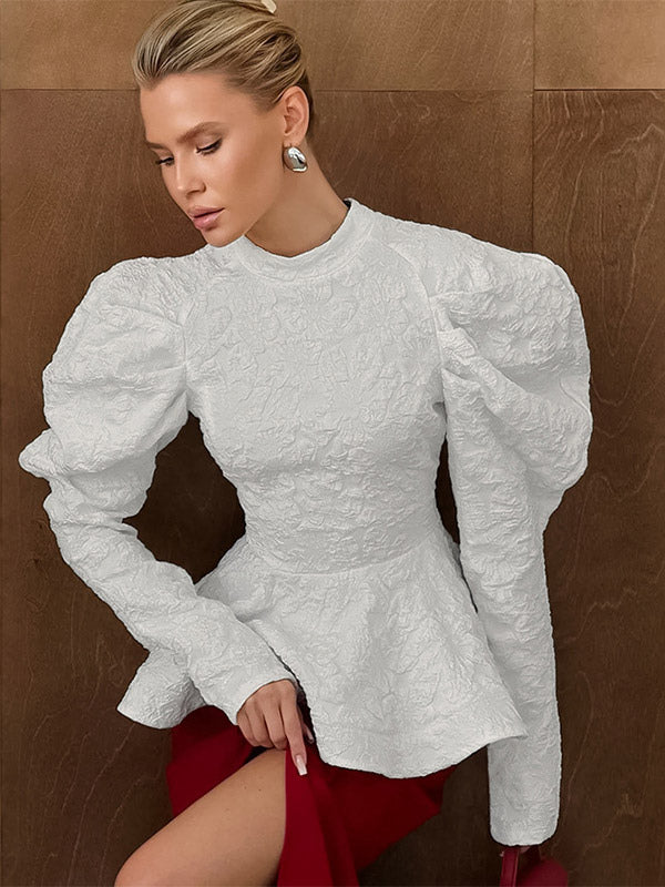 Textured Jacquard Puff Sleeve Blouse High Neck Peplum Waist Flared Hem Tops