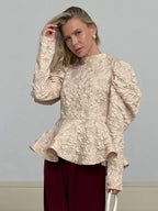 Textured Jacquard Puff Sleeve Blouse High Neck Peplum Waist Flared Hem Tops