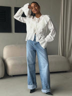Vintage Ruffle Collar Blouse Elastic Waist Flared Cuff Long Sleeve Shirts