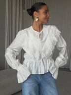 Vintage Ruffle Collar Blouse Elastic Waist Flared Cuff Long Sleeve Shirts