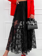 Elastic Waist Sheer Floral Lace Tiered Maxi Skirt Black White See Through Long Bottoms
