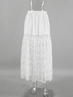 Elastic Waist Sheer Floral Lace Tiered Maxi Skirt Black White See Through Long Bottoms