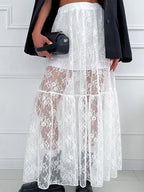 Elastic Waist Sheer Floral Lace Tiered Maxi Skirt Black White See Through Long Bottoms