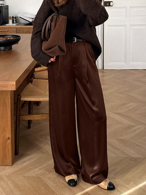 Brown Satin Wide Leg Pants High Waist Draped Silky Straight Trousers