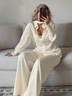 2 Piece Outfit Set Collar Shirt Wide Leg Pants Soft Casual Women 2 Piece Outfit Set
