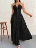 Vacation Dresses Halter V Neck Back Tie Tiered Ruffle Backless Flowy Summer Beach Long Maxi Dress