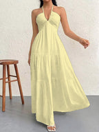 Vacation Dresses Halter V Neck Back Tie Tiered Ruffle Backless Flowy Summer Beach Long Maxi Dress