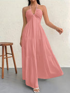 Vacation Dresses Halter V Neck Back Tie Tiered Ruffle Backless Flowy Summer Beach Long Maxi Dress