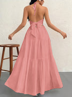 Vacation Dresses Halter V Neck Back Tie Tiered Ruffle Backless Flowy Summer Beach Long Maxi Dress