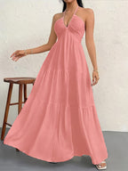 Vacation Dresses Halter V Neck Back Tie Tiered Ruffle Backless Flowy Summer Beach Long Maxi Dress