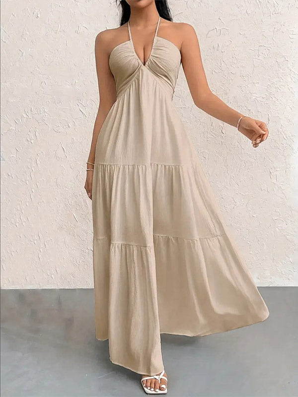 Vacation Dresses Halter V Neck Back Tie Tiered Ruffle Backless Flowy Summer Beach Long Maxi Dress