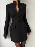 Party Dresses V Neck Button Pocket Slim Fit Elegant Evening Mini Dress