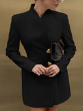 Party Dresses Stand Collar Gold Button Long Sleeve Pocket Office Blazer Dress