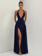 Party Dresses Halter Ruched High Slit Elegant Women Evening Long Maxi Dress