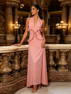 Party Dresses Sleeveless Halter V Neck Ruffle Pleated Flowy Wedding Long Maxi Dress