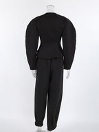 2 Piece Blazer Pant Suit Set Puff Sleeve Blazer Wide Leg Pants Women Formal 2 Piece Blazer Pant Suit Set