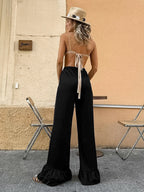 Wide Leg Pants Satin Ruffle Flare Elastic Waist Women Casual Pants Wide Leg Pants