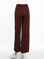 Brown Satin Wide Leg Pants High Waist Draped Silky Straight Trousers