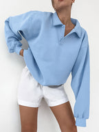 Draped Oversized Polo Sweatshirt Partial Front Buttons Relaxed Basic Pullover