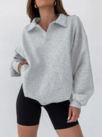 Draped Oversized Polo Sweatshirt Partial Front Buttons Relaxed Basic Pullover