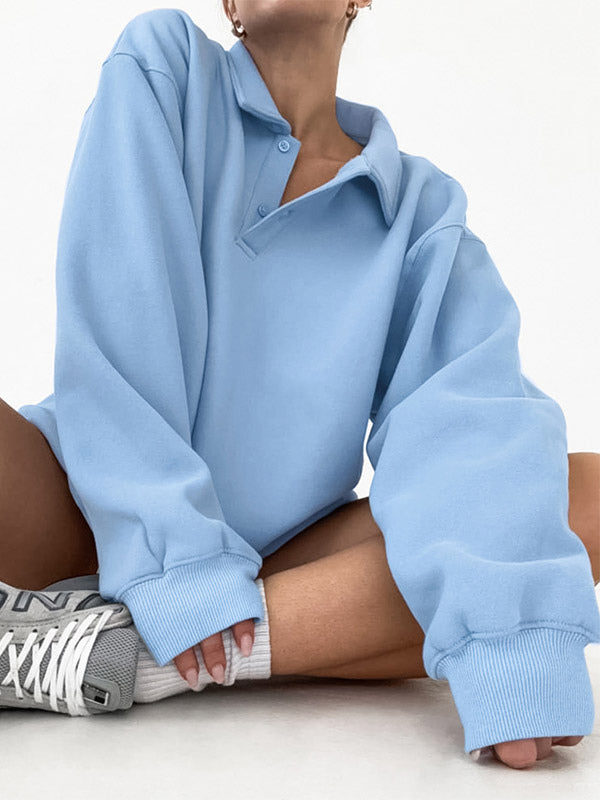 Draped Oversized Polo Sweatshirt Partial Front Buttons Relaxed Basic Pullover