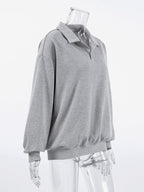 Draped Oversized Polo Sweatshirt Partial Front Buttons Relaxed Basic Pullover