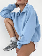 Draped Oversized Polo Sweatshirt Partial Front Buttons Relaxed Basic Pullover
