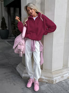 Soft Fuzzy Half Zip Sweatshirt Loose Fit Rib Cuff Long Sleeve Casual Daily Top