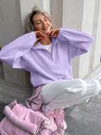 Soft Fuzzy Half Zip Sweatshirt Loose Fit Rib Cuff Long Sleeve Casual Daily Top