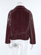 Loose Oversized Faux Leather Coat Turn Down Collar Elastic Hem Casual Moto Jacket
