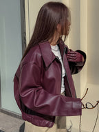 Loose Oversized Faux Leather Coat Turn Down Collar Elastic Hem Casual Moto Jacket