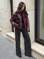 Loose Oversized Faux Leather Coat Turn Down Collar Elastic Hem Casual Moto Jacket