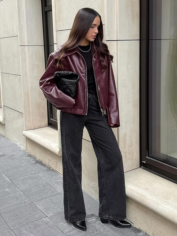 Loose Oversized Faux Leather Coat Turn Down Collar Elastic Hem Casual Moto Jacket