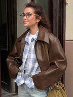 Loose Oversized Faux Leather Coat Turn Down Collar Elastic Hem Casual Moto Jacket