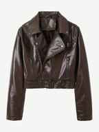 Brown Cropped Moto Leather Jacket Lapel Zip Belted Slim Biker Outerwear