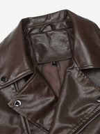 Brown Cropped Moto Leather Jacket Lapel Zip Belted Slim Biker Outerwear