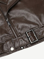 Brown Cropped Moto Leather Jacket Lapel Zip Belted Slim Biker Outerwear