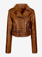 Multi Color Cropped Moto Jacket Lapel Diagonal Zip Waist Belt Faux Leather Outerwear