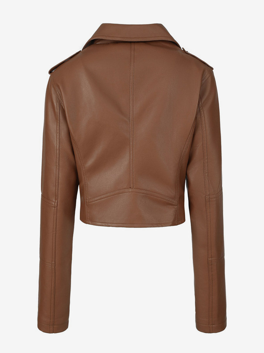 Multi Color Cropped Moto Jacket Lapel Diagonal Zip Waist Belt Faux Leather Outerwear
