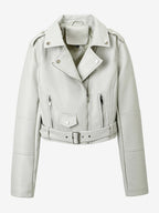 Multi Color Cropped Moto Jacket Lapel Diagonal Zip Waist Belt Faux Leather Outerwear