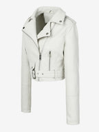 Multi Color Cropped Moto Jacket Lapel Diagonal Zip Waist Belt Faux Leather Outerwear