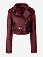 Multi Color Cropped Moto Jacket Lapel Diagonal Zip Waist Belt Faux Leather Outerwear