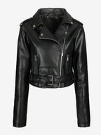 Multi Color Cropped Moto Jacket Lapel Diagonal Zip Waist Belt Faux Leather Outerwear