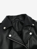 Multi Color Cropped Moto Jacket Lapel Diagonal Zip Waist Belt Faux Leather Outerwear