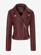 Four Color Cropped Moto Jacket Lapel Diagonal Zip Slim Fit Long Sleeve Outerwear
