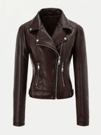 Four Color Cropped Moto Jacket Lapel Diagonal Zip Slim Fit Long Sleeve Outerwear