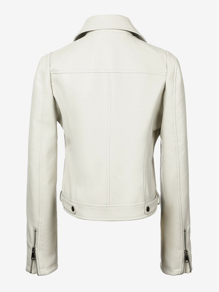 Four Color Cropped Moto Jacket Lapel Diagonal Zip Slim Fit Long Sleeve Outerwear
