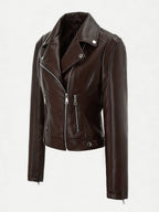 Four Color Cropped Moto Jacket Lapel Diagonal Zip Slim Fit Long Sleeve Outerwear