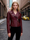 Four Color Cropped Moto Jacket Lapel Diagonal Zip Slim Fit Long Sleeve Outerwear